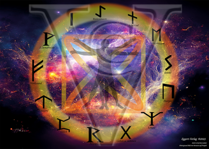 Runenrad Vitruvianischer Mensch Kreis mit Runen. als Hintergrund ist der Weltraum abgebildet Leonardo Da Vinc's