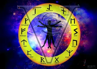 Runenrad Vitruvianischer Mensch Kreis mit Runen. als Hintergrund ist der Weltraum abgebildet Leonardo Da Vinc's